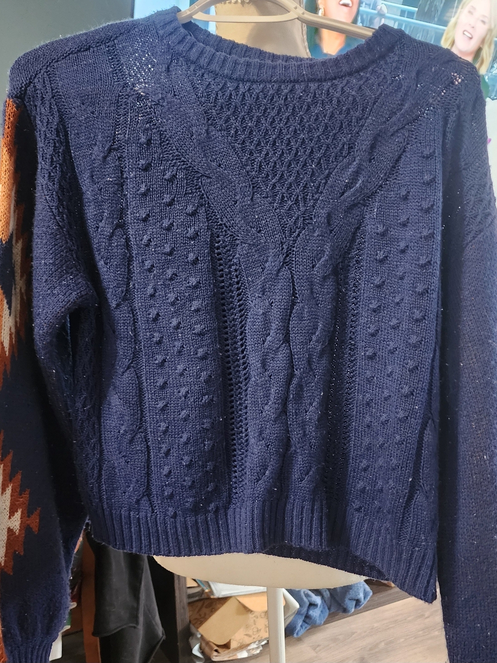 Women's Navy Cable-Knit Crewneck Sweater Sz XSM